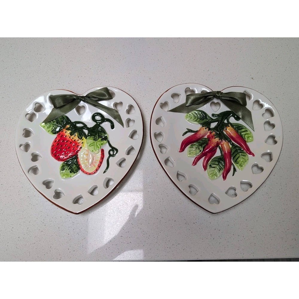 Lot Of Two Heart-shaped Decorative Plates Strawberries And Chili Cottage Core